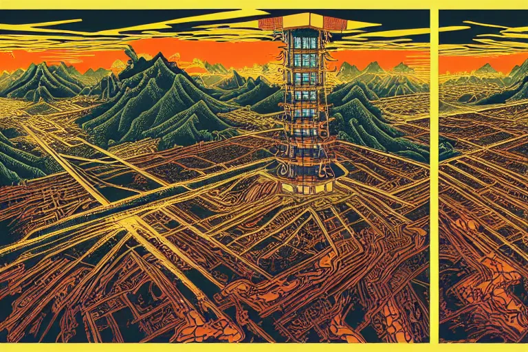 Image similar to artwork of a chinese prison by dan mumford and toshi yoshida and peter doig, symmetrical, vintage scifi, highly detailed, dramatic lightning,, 8 k