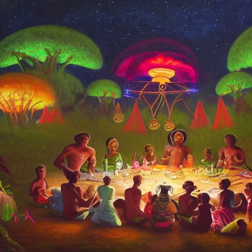 Prompt: A PHOTOREALISTIC 8K RESOLUTION PAINTING OF AN ALIEN TEA PARTY WITH THEIR FRIENDS FROM THE AFRICAN TRIBE IN FRONT OF THE TEMPLE OF THE MOON WITH BIOLUMINESCENT MUSHROOMS AND RAINBOW FIREFLIES, BY Noah Bradley and thomas Blackshear