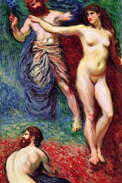 Image similar to Prometheus in style of Salome with the Head of John the Baptist, background by Claude Monet