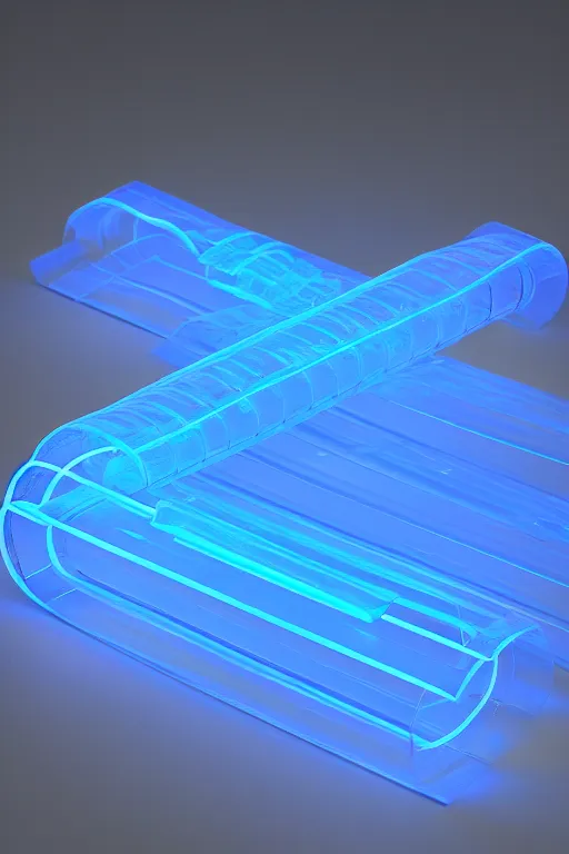 Prompt: transparent long clear dark blue plastic hyperloop rnning diagnonally glowing in the dark