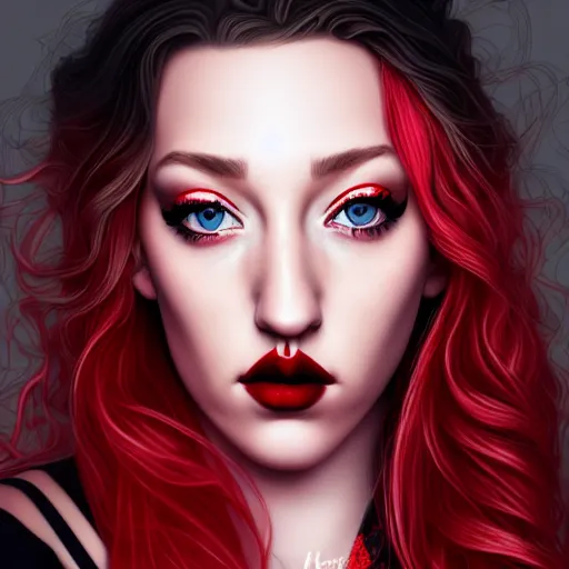 Image similar to a realistic illustration portrait of a beautiful kendra sunderland with curly black and red hair, black eyeliner, trending on artstation, hyper - realistic lighting, intricate, ross tran