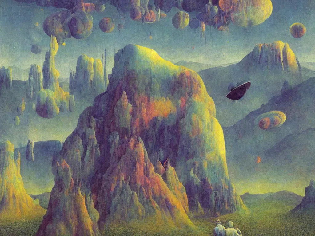 Prompt: man in white beekeeper suit looking at the psychedelics dream mothership over the sacred mountains. painting by mikalojus konstantinas ciurlionis, bosch, wayne barlowe, agnes pelton, rene magritte