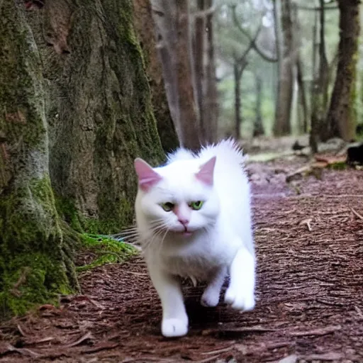 Image similar to a cat with the face of a dog, running in the woods, photo