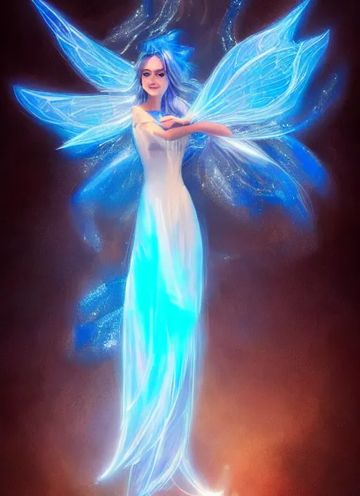 Image similar to a glowing blue fairy made of light flying through the air. she looks like a teenage girl and wears a long flowing dress. she is made of blue light and fades into light at the edges. beautiful fantasy art trending on artstation