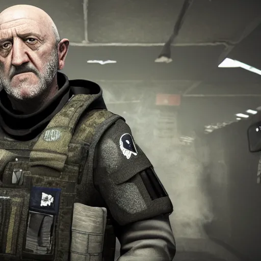 Image similar to Mike Ehrmantraut in Rainbox six siege, 4k, highly detailed