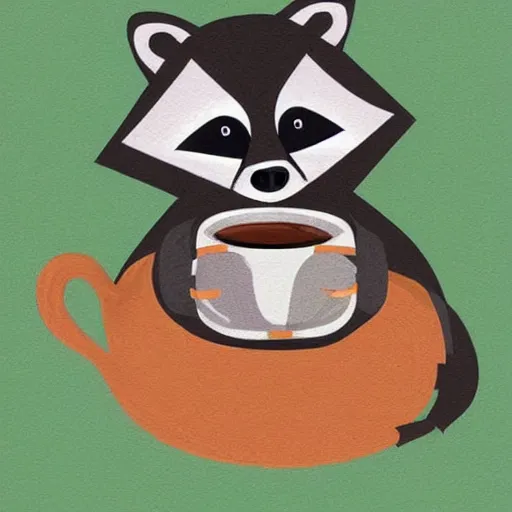 Image similar to raccoon with cup of tea by cozy fireplace, childrens book illustration,