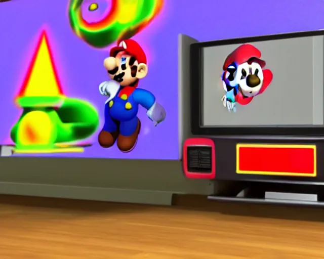 Prompt: a spooky ghost plays Mario 64 on an old television