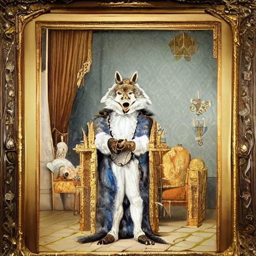 Image similar to hyper realistic painting of a werewolf with gold and white fur, anthropomorphic royalty standing in a throne room, non human, dressed in a 1800s royal outfit, traditional art, very fine detail and texture, royal workshop, in the art style of beatrix potter, Willem Wissing, watercolor, colored pencil, ink, oil, acrylic, early morning lighting