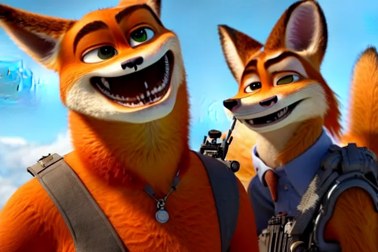 Image similar to nick wilde ( from zootopia ), heavily armed and armored facing down armageddon in a dark and gritty reboot from the makers of mad max : fury road