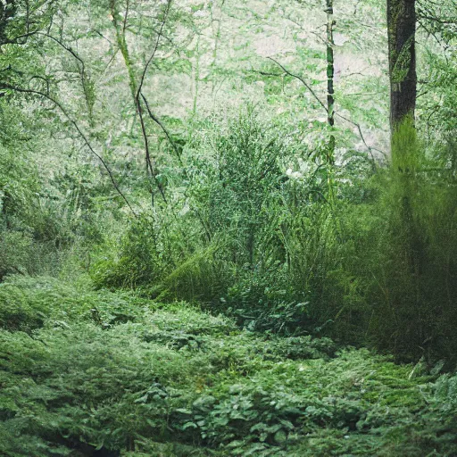 Prompt: a verdant overgrown space, shot on 70mm