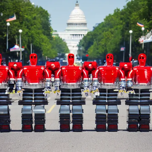 Prompt: high resolution hyperrealist photo of parade of robots marching down Pennsylvania Avenue towards the U.S. Capitol Dome, Sigma 85mm f/1.4