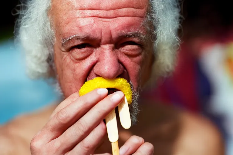 Image similar to A Martin Parr closeup portrait of Socrates eating a popsicle, in the style of Martin Parr The Last Resort, ring flash closeup photograph