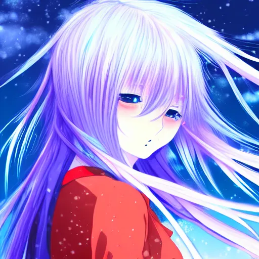 Image similar to advanced digital anime art, a very cute gorgeous teenage girl with a body made of fire and ice , full body, very long snow colored hair, sky blue highlights in hair, red fiery watery eyes, wearing a dress made of water, full round face, dramatic cinematic lighting, wideshot, highly intricately detailed, glitched background, cracked screen, trending on pixiv, Artstation, painted by Rossdraws and the style of Sakimimichan