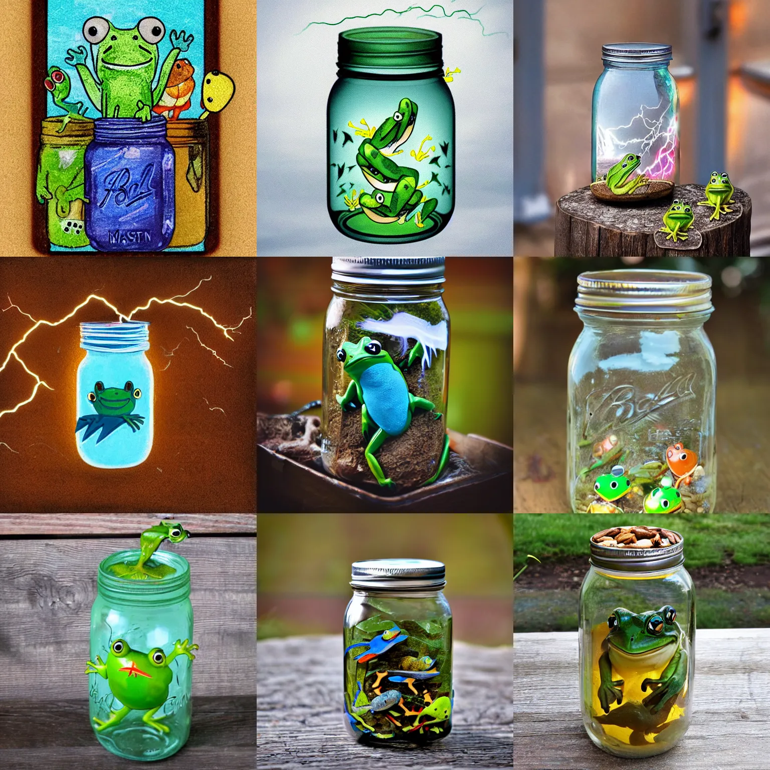 Prompt: mason jar filled with frogs and lightning