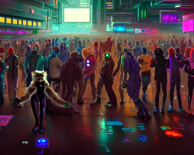 Image similar to high - resolution photograph from a cyberpunk era furry fandom convention ( midwest furfest 2 0 4 7 ), taking place after the genetic revolution and singularity. photorealistic.