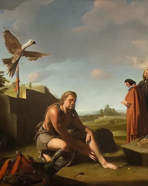 Image similar to turning and turning in the widening gyre, the falcon cannot hear the falconer, in the style of the dutch masters and gregory crewdson, dark and moody