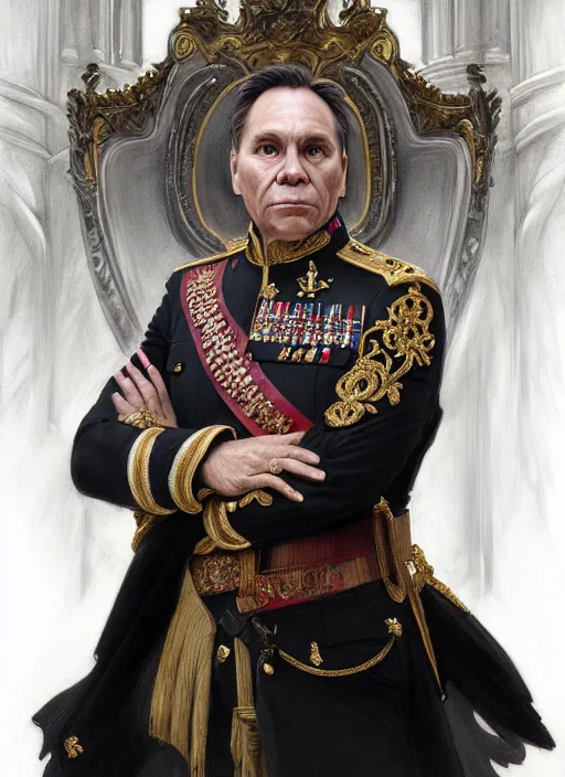 Prompt: portrait of supreme quebec leader francois legault, royalty, extravagant, lord, full body, military uniform, fantasy, intricate, elegant, beautiful, highly detailed, charcoal, centered, dark, smokey, digital painting, artstation, concept art, art by artgerm and greg rutkowski and alphonse mucha