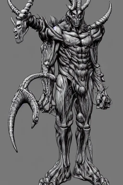 Image similar to humanoid figure monster with goat horns, highly detailed, digital art, sharp focus, trending on art station, kentaro miura manga art style