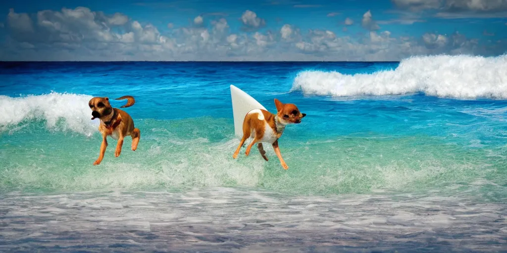 Prompt: chihuahua surfing tropical background waves focus photography 4k hyper realism surreal sunny beach