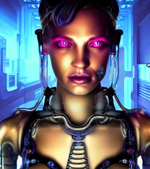 Image similar to synthwave biopunk cyborg girl portrait with implants detailed rendering realistic photo cinematic 3d hd key visual official media with frank Miller Alex Ross giger style trending