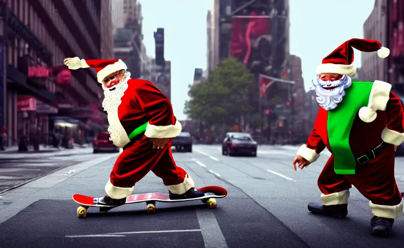 Image similar to a crocodile, dressed as santa claus, on a skateboard in the streets of new york city, concept art, digital illustration, unreal engine, trending on artstation