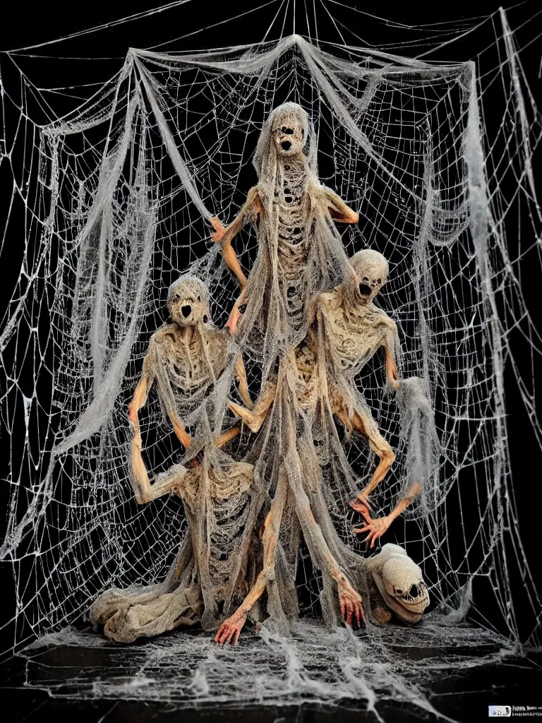 Prompt: Petrified Bodies covered in cobwebs and spiders Guarded by the Arachnid King, Epic, Cinematic, Horror, Science Fiction, Anguish, Humans Wrapped in cocoons, Monstrosity Nightmare, Scary, Spooky Lighting, Dark Fantasy Art, Creature.