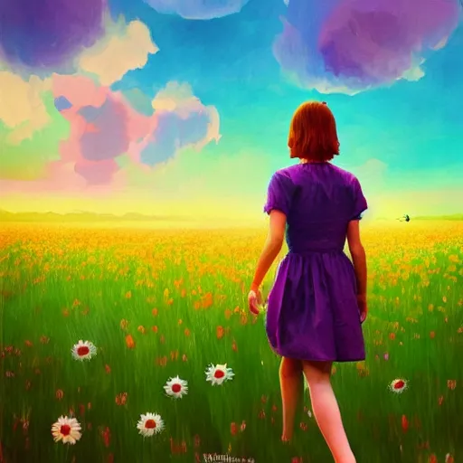 Image similar to girl walking in flower field, daisy flower as a face, full body, surreal photography, sunrise, impressionist painting, colorful clouds, digital painting, artstation, simon stalenhag, flower face