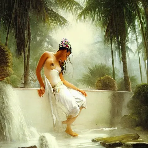 Image similar to monsoon on tropical island, oriental goddess in white, elegant, frontal, ornate, beautiful, atmosphere, vibe, mist, coconuts, rain, wet, pristine, puddles, melting, dripping, snow, creek, lush, ice, bridge, forest, roses, flowers, by stanley artgerm lau, greg rutkowski, francisco de goya