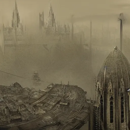 Image similar to dieselpunk city pollution river fog hanging wires cathedral in the style of gustave dore photograph color dreamlike hatching high detailed perspective wide angle