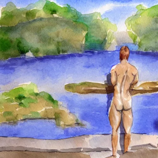 Image similar to muscular man by the river, water color painting