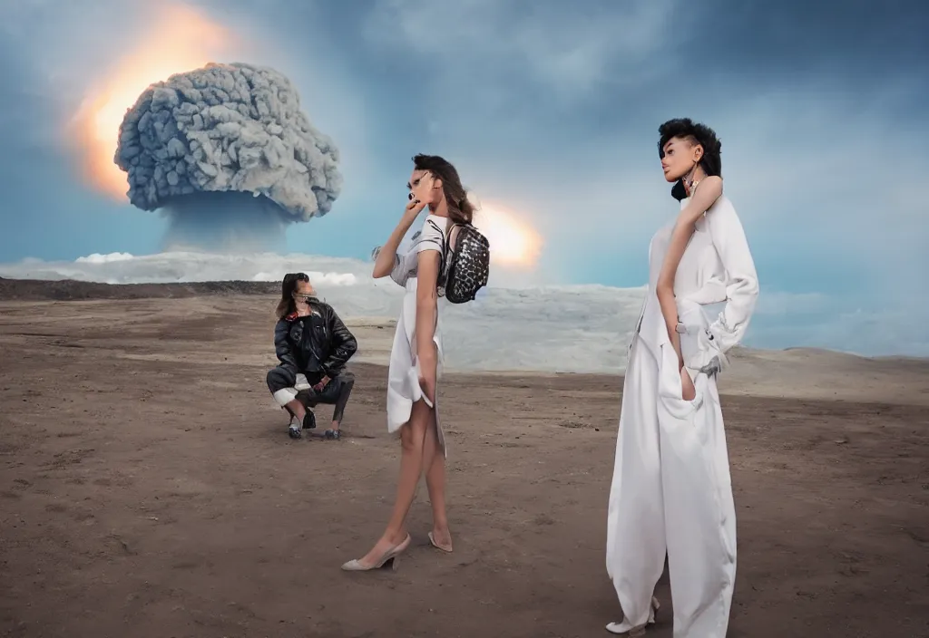 Prompt: fashion editorial in front of nuclear explosion cloud. wide angle shot. highly detailed. depth of field. high definition. 8k. photography.