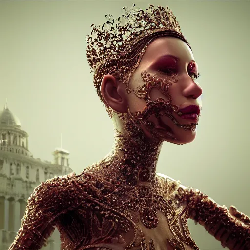 Image similar to the amputee polio survivor queen, 4 k, intricate detailed, jaw dropping, gorgeous, surreal, octane render