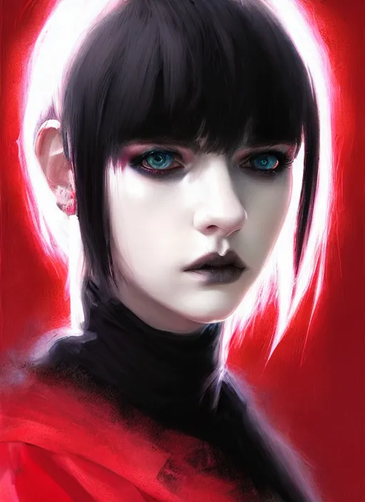 Image similar to portrait of white teenage girl, normal face, black bangs, mall goth, cyberlox, black and white hair, bangs, fluffy bangs, red contacts, intricate, elegant, highly detailed, digital painting, artstation, concept art, sharp focus, smooth, illustration, art by wlop, mars ravelo and greg rutkowski