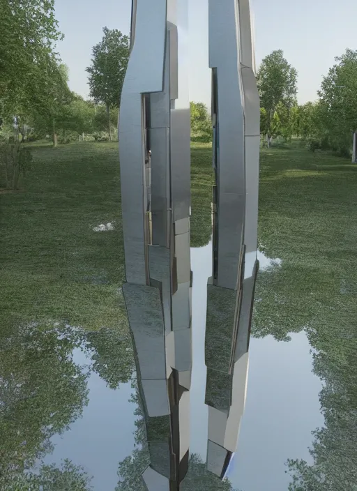 Prompt: highly detailed realistic architecture 3 d render of a futuristic mirror stele monument in frank lloyd wright style standing in city park, archdaily, made in unreal engine 4 octane render