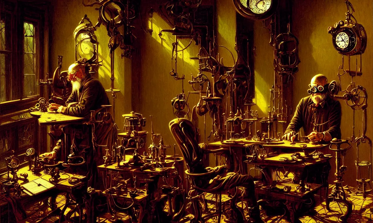 Prompt: The watchmaker by Albert Bierstadt and Gerald Brom and Dan Mumford, Metallic objects, old man, goggles, low light