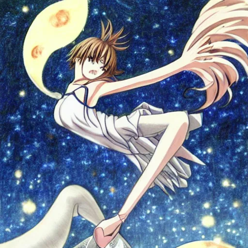 Prompt: it's an anime drawing by takeshi obata, it depicts a woman, lithe and graceful, leaping through the air, with a dozen swords, spinning, flying, and exploding all around her. in the background, the night sky is dark, filled with stars, and the moon is out, shining bright.