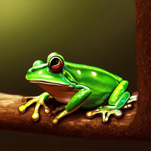 Prompt: A frog on top of a tree, digital art, trending on artstation, well detailed