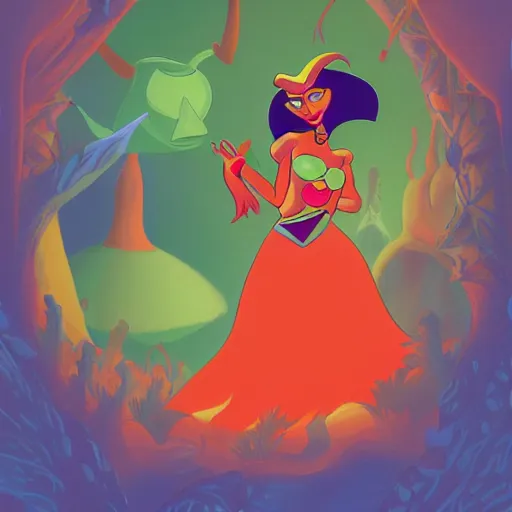 Prompt: the genie from Aladdin but green and surrounded by forest, fantasy illustration