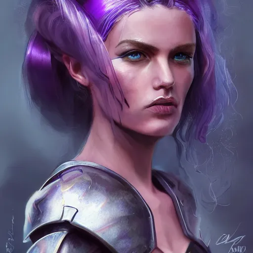 Prompt: extreme close up portrait of a beautiful woman in mechanical amethyst armor, female, flowing purple hair tied in pleats, intense stare, stoic, concept art, intricate detail, volumetric shadows and lighting, realistic oil painting magic the gathering style, destiny, sci - fi,