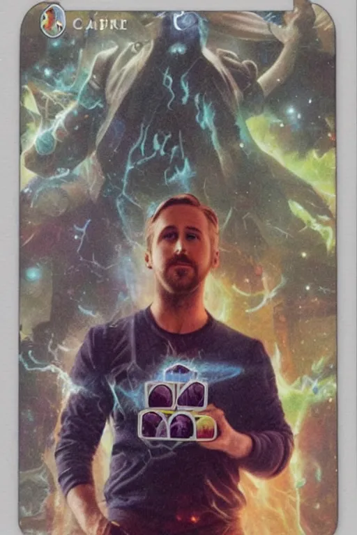 Image similar to ryan gosling, magic the gathering card