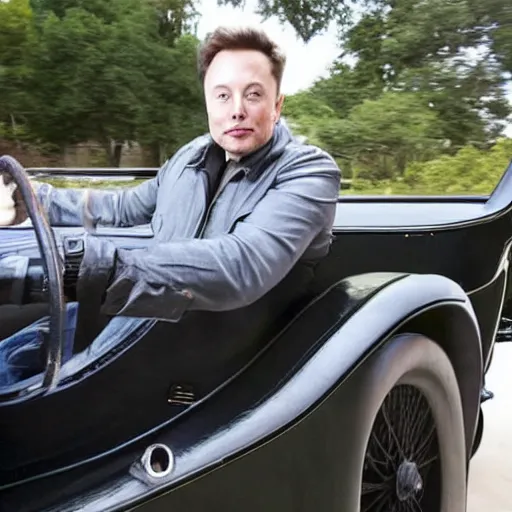 Image similar to elon musk shows off by getting into a 1 9 0 0 ford car, highly detailed, 8 k, masterpiece, super resolution.