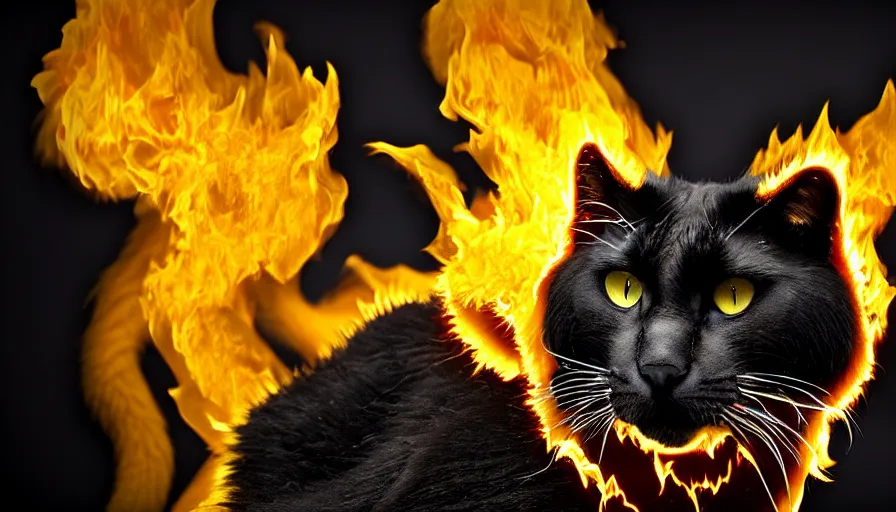 Image similar to big cat, black, fiery yellow eyes, flaming ears, paws, tail