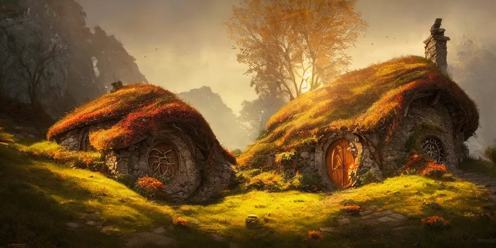 Prompt: a hobbit cottage on top of a steep hill, greg rutkowski, zabrocki, moebius, karlkka, jayison devadas, highly detailed, autumn sunlights, smoky atmosphere, ( ray of sunlight ), trending on artstation, sharp details, 8 k, ultra wide angle, zenith view, lens effect