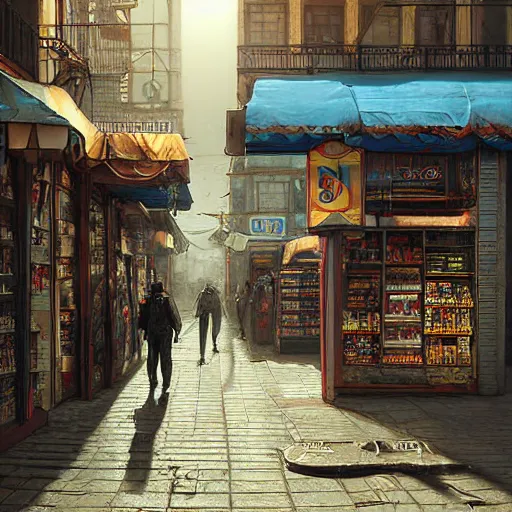 Prompt: A fantasycore photograph of a convenience store with photograph of 2099 portugal lisbon on the street of a very highly detailed eldritch city digital rational painting art by Greg Rutkowski, sci-fi highly detailed, digital concept art, Dimensional cyan gold natural light, sharp focus, realistic concept art by Eta Cru and James Gurney and Donato Giancola, Ghost in the Shell rendered in Octane Render, From the distance