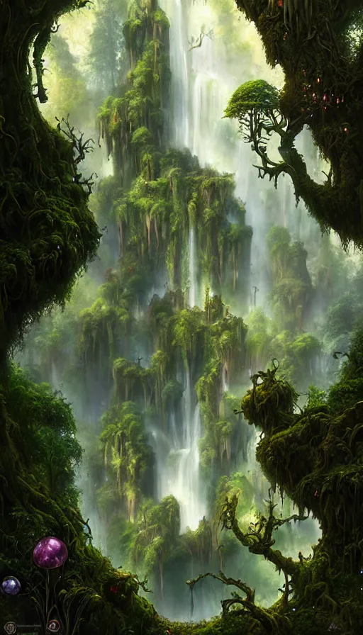 Image similar to fairy palace, castle towers, waterfall of gold and gems, gnarly trees, lush vegetation, forest landscape, painted by tom bagshaw, raphael lacoste, eddie mendoza, alex ross concept art matte painting