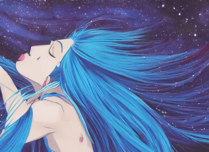 Image similar to a woman with blue hair laying on the ground with her head down, a detailed painting by rei kamoi, featured on pixiv, space art, official art, anime, toonami