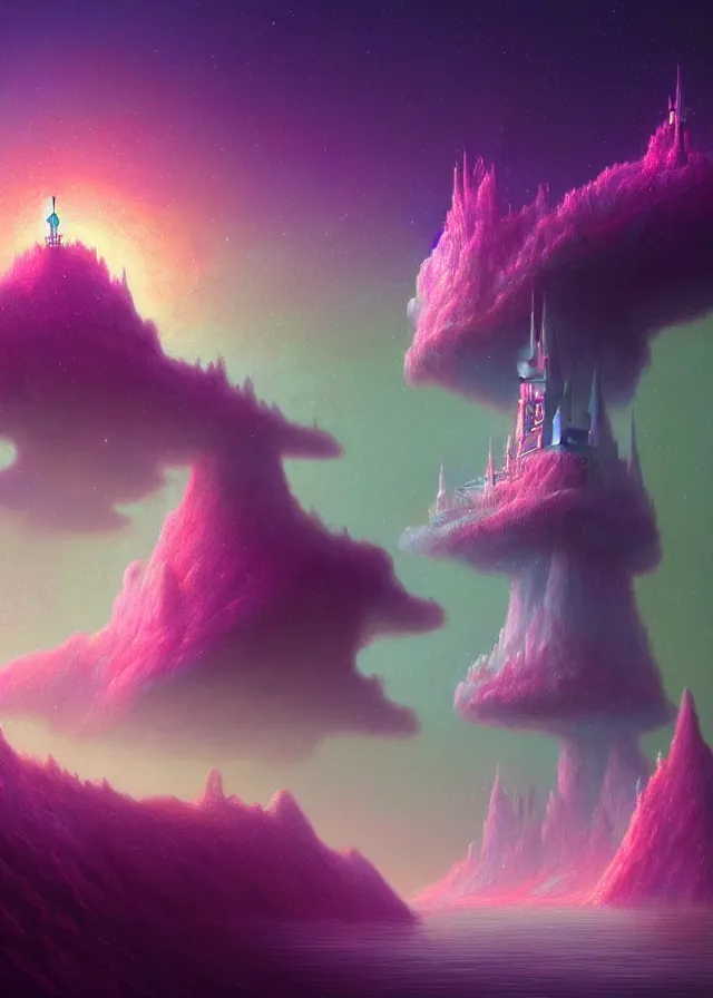 Image similar to an ultra detailed midjourney concept digital art painting of a singular floating island with a castle, flying citadel levitating across space in a misty pearlescent nebula by paul lehr kazumasa uchio situated in a starry expanse of bioluminescent cosmic worlds by beksinski and beeple, ecological art, flying citadel with towers, trending on artstation