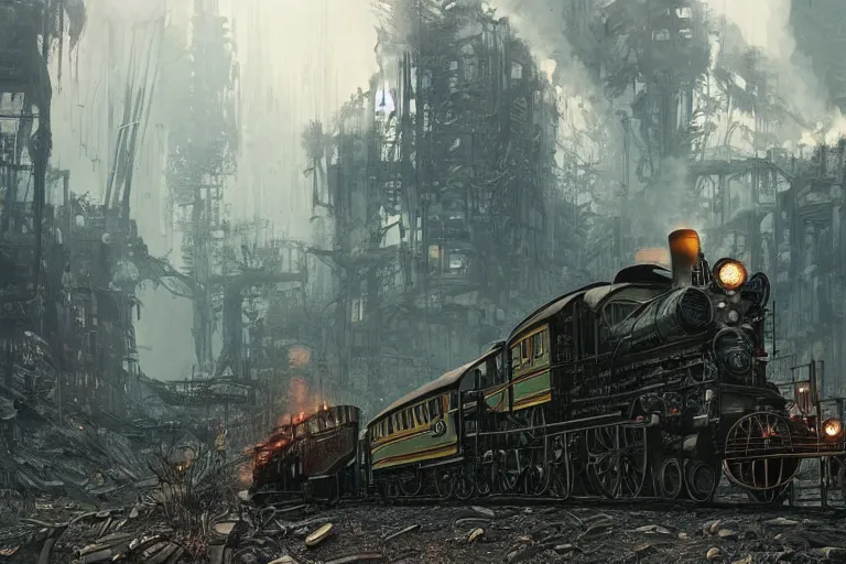 Prompt: a steam locomotive riding through abandoned postapocalyptic overgrown city, hyperdetailed, artstation, by Feng Zhu and James Paick, by Ryan Church