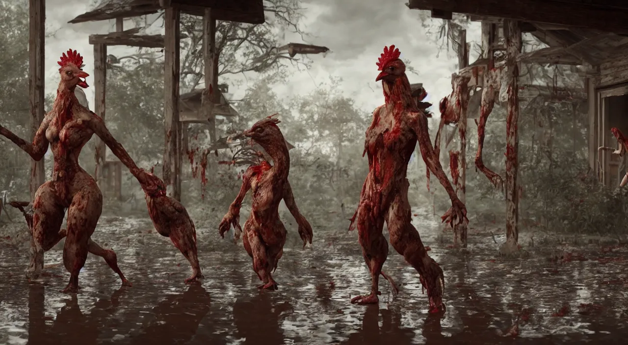 Prompt: a beast with a chicken - head and duck feet but a women's face, standing on a wooden porch over a puddle of blood blood. highly detailed octane render 8 k volumetric lighting painted by akira toriyama