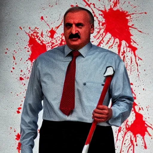 Prompt: Alexander Lukashenko as the American Psycho, staring psychopathically, sweating hard, holding an axe, covered in blood, cinematic still